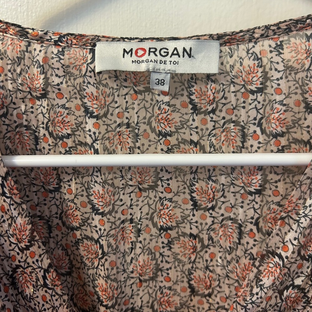 Y2K Morgan de Toi Floral Metallic Blouse Smocked Waist EU 38 S Romantic Boho - Picture 5 of 8